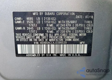 2018 Subaru Outback 2.5I z USA, uszkodzony, nr VIN 4S4BSACC4J3396539